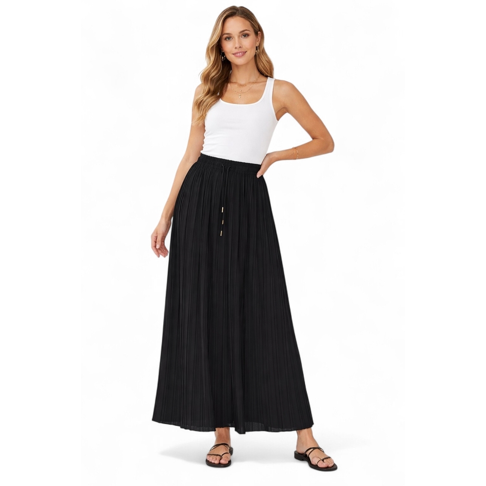 One Size Black Pleated Maxi Skirt Elastic High Waist Flowy Drawstring Boho
